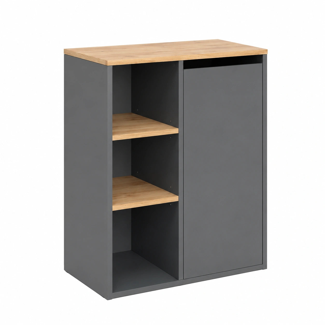 Mueble de baño Viktor en Antracita y Roble Dorado con Cesta de Ropa y Estantes Abiertos, 68 x 88.2 cm