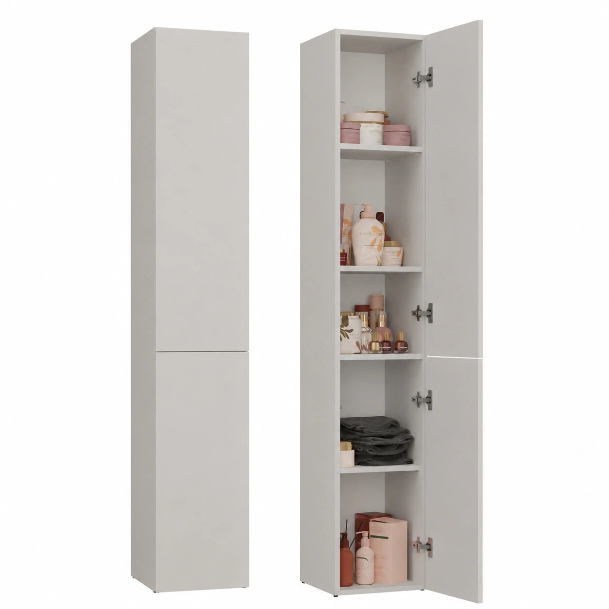 Columna Estrecha de Baño con Almacenamiento, Armario Alto para Lavandería, Estilo Cachemira Beige, Ancho 31 cm